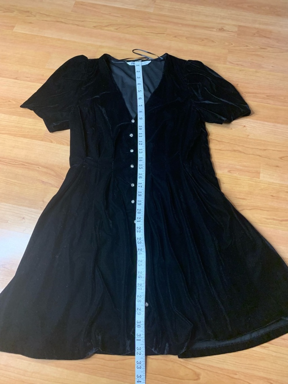 ZARA Black Velvet Mini Dress Crystal Rhinestone Button Puff Sleeve M - Picture 5 of 7